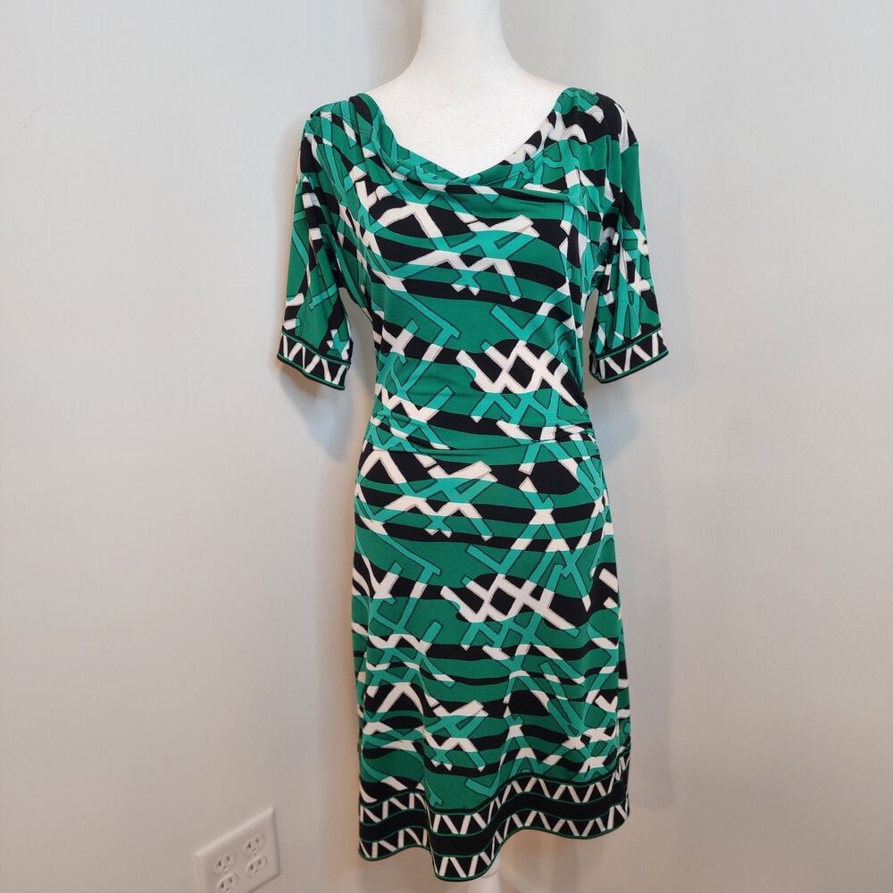 BCBGMaxazria Womens Small Green Short Sleeve Sheath Dress Abstract Knee Length